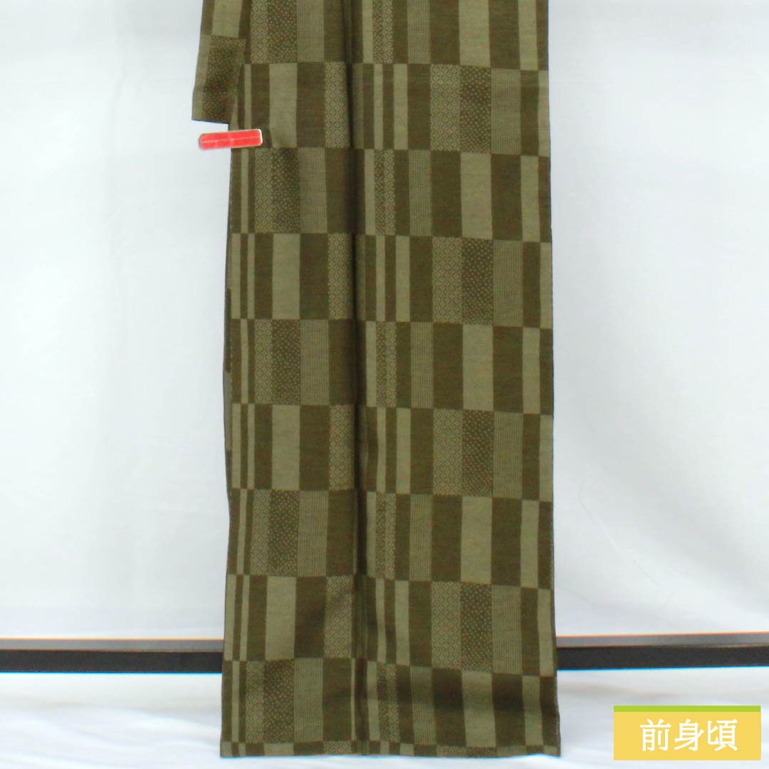 小紋 ポリエステル 身丈167cm 裄丈67.5cm 袷 藍海松茶色（あいみるちゃいろ） 洗える着物 裂取り Aランク 緑系 1115005263519