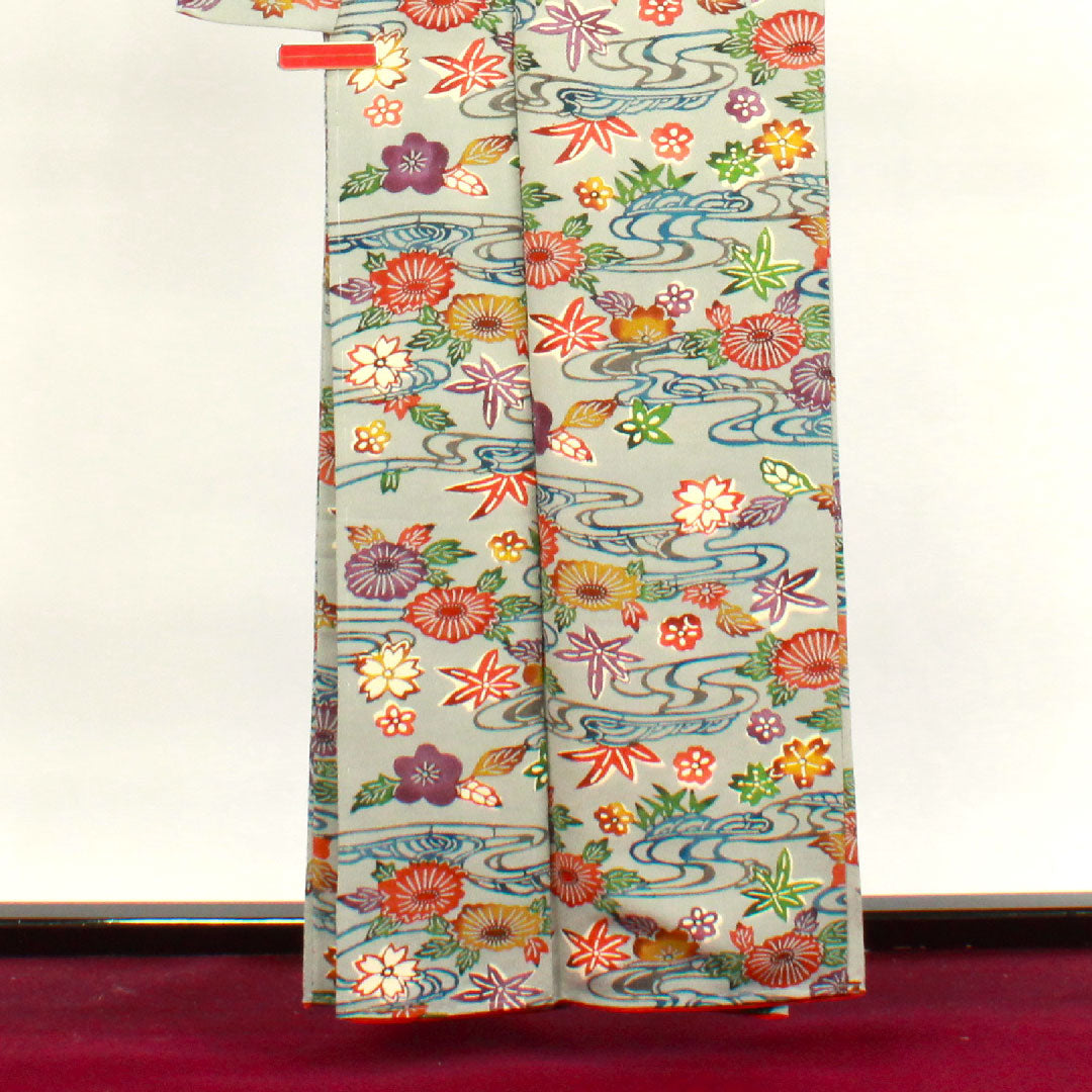 小紋 身丈159cm 裄丈63.5cm 袷  しつけ糸付き 絹鼠色 京紅型 流水 花模様  正絹 Sランク グレー系 1115003462322