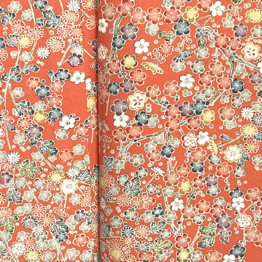 小紋 身丈158cm 裄丈65.5cm 袷  中紅色 型染 草花模様  正絹 Aランク ピンク系 1115002373313