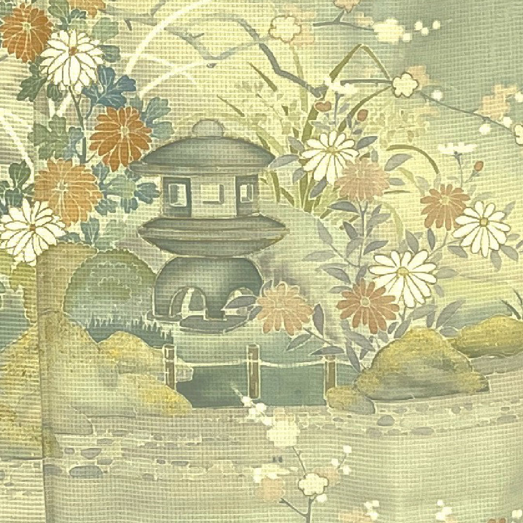 Colored Tomesode, Length 156.5cm, Sleeve Length 64cm, Gauze, Garden Scenery, Artist's Work, Pure Silk, A Rank, One Crest, Green, 1111000153319
