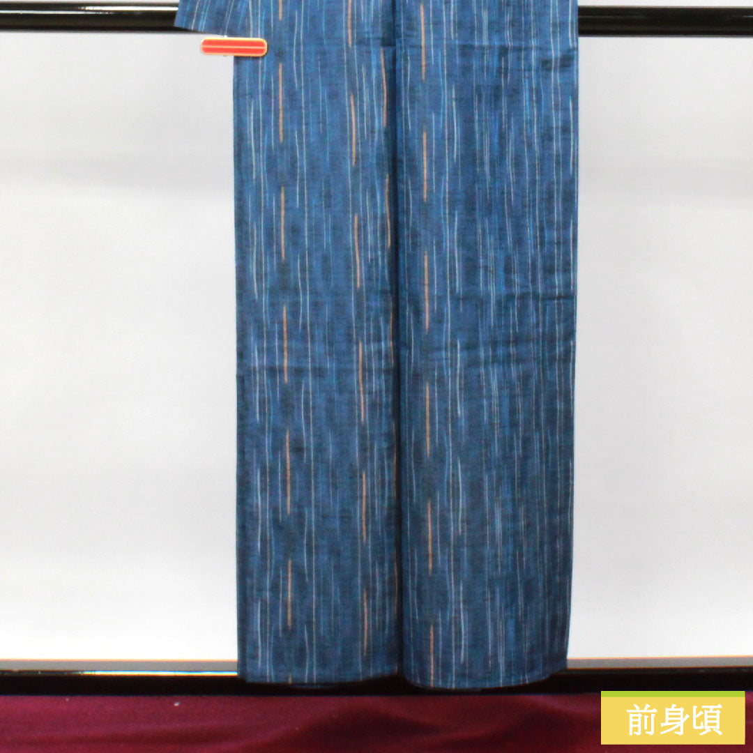 Tsumugi, pure silk, length 154.5cm, sleeve length 62cm, navy blue, staggered stripes, basting thread included, unused, S rank, single layer, navy blue, 1116003122218