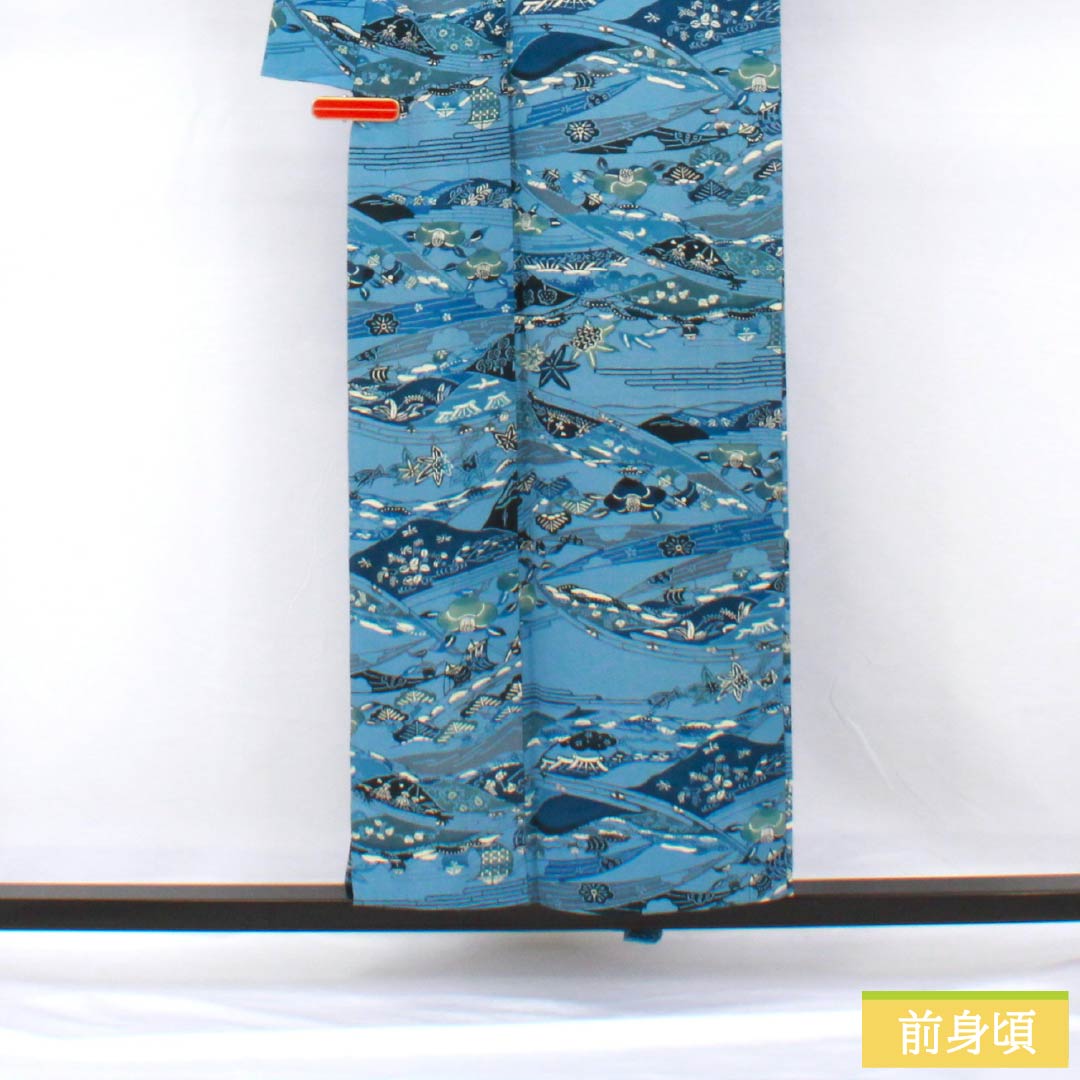 小紋 正絹 身丈154cm 裄丈64.5cm 単衣 空色（そらいろ） 型染 藍型調 吉祥文様 Bランク 青系 1115005614217
