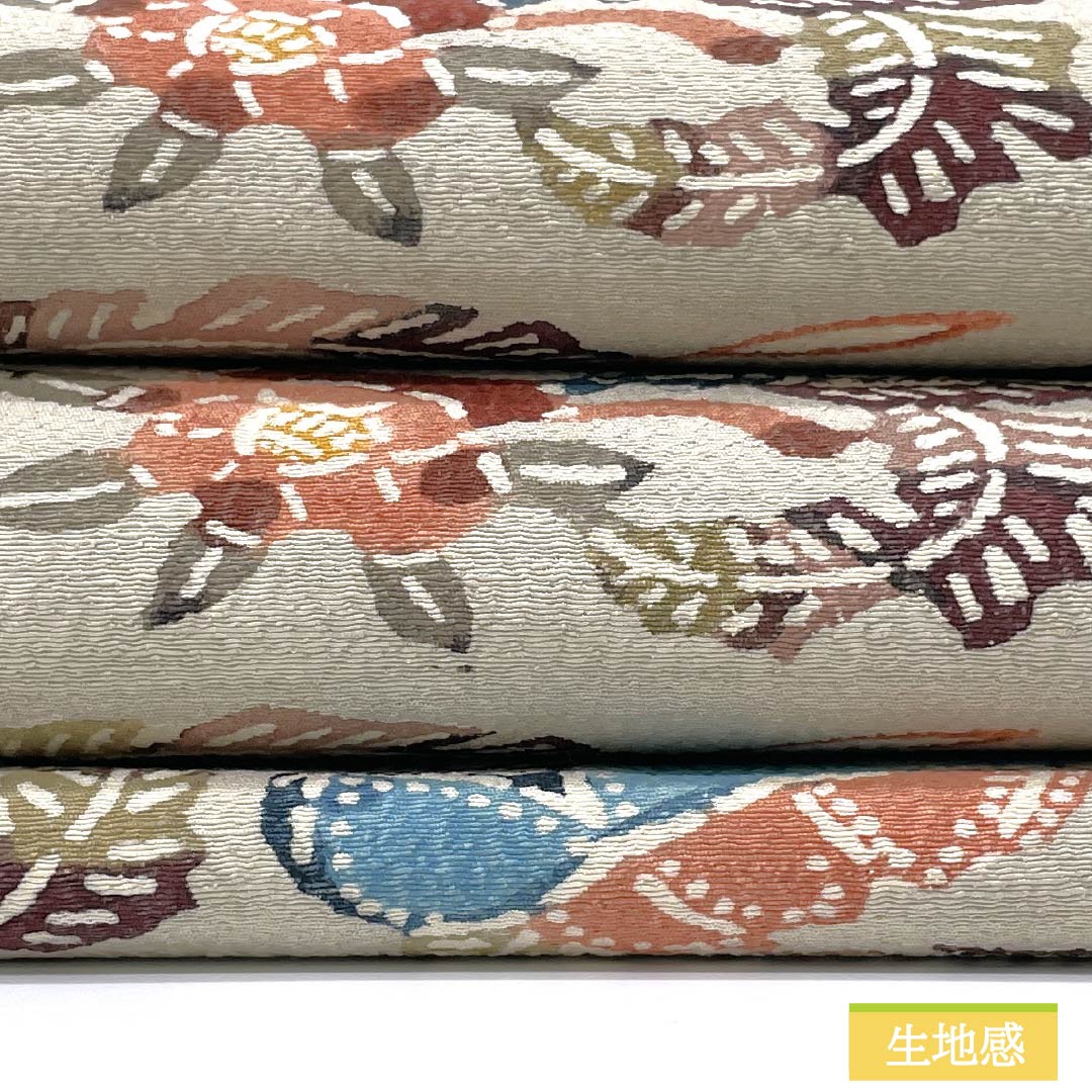 Nagoya Obi, Pure Silk, Grade A, Sobakiri (Soba-kiri Color), Stencil Dyed with Bingata-inspired Abstract Floral Design, Length 340cm, Six-fold, Casual, Gray, Product Number 1124010443322, Nagoya Style