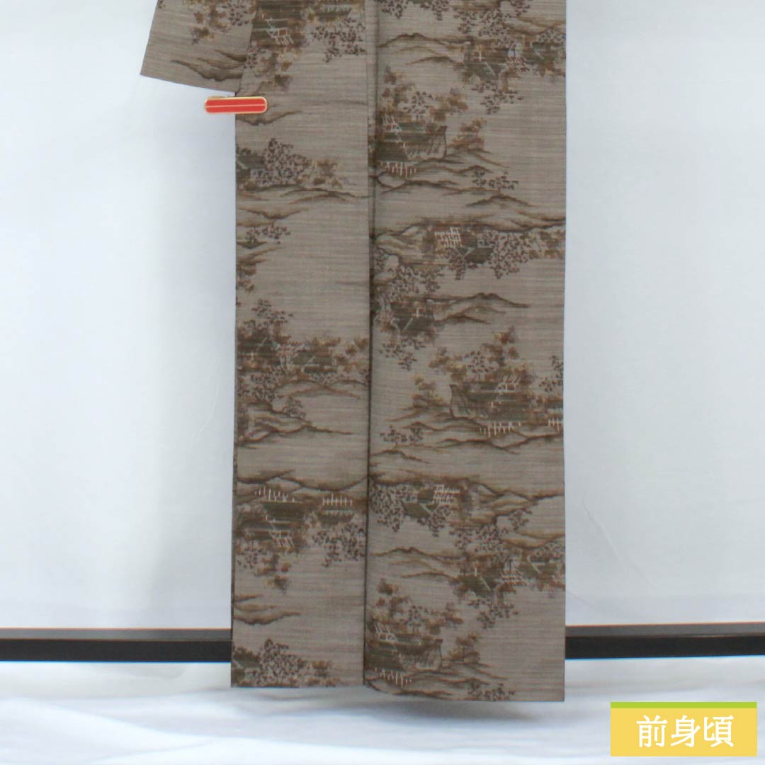 紬 正絹 身丈161.5cm 裄丈66cm 京極生壁色（きょうごくなまかべいろ） 風景模様 居敷当て付き Sランク 単衣 グレー系 1116003802422