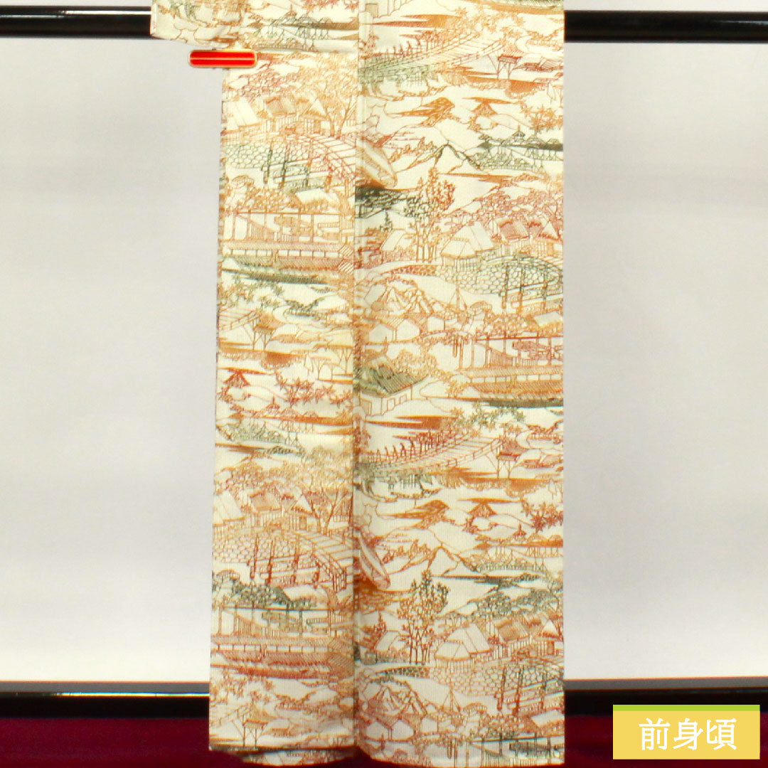 小紋 正絹 身丈160.5cm 裄丈65.5cm 単衣  生成り色 紬地 茶屋辻  Aランク クリーム系 1115003873415