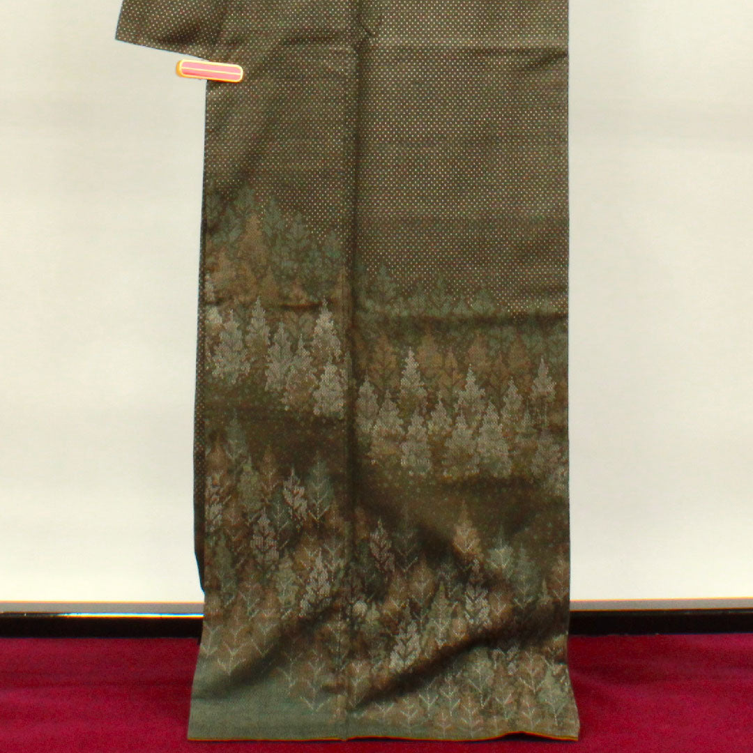 訪問着 正絹 袷 身丈171.5cm 裄丈67cm 墨色 赤城紬 抽象模様 Sランク 茶系 1112003232614