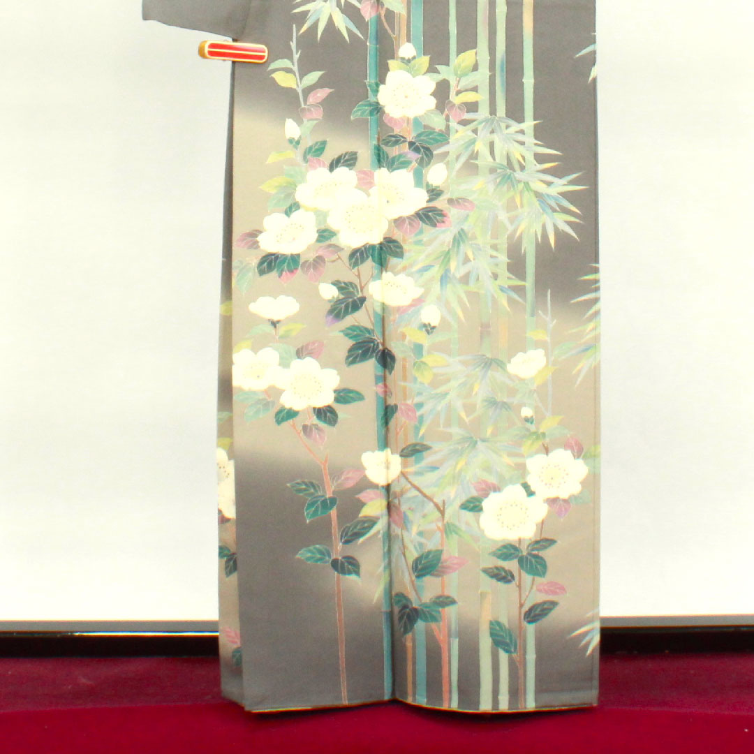 Homongi, lined, length 160cm, sleeve length 63cm, plain grey, artist's work, Kaga plant dyeing, bamboo, plum, pure silk, A rank, grey, 1112002673422