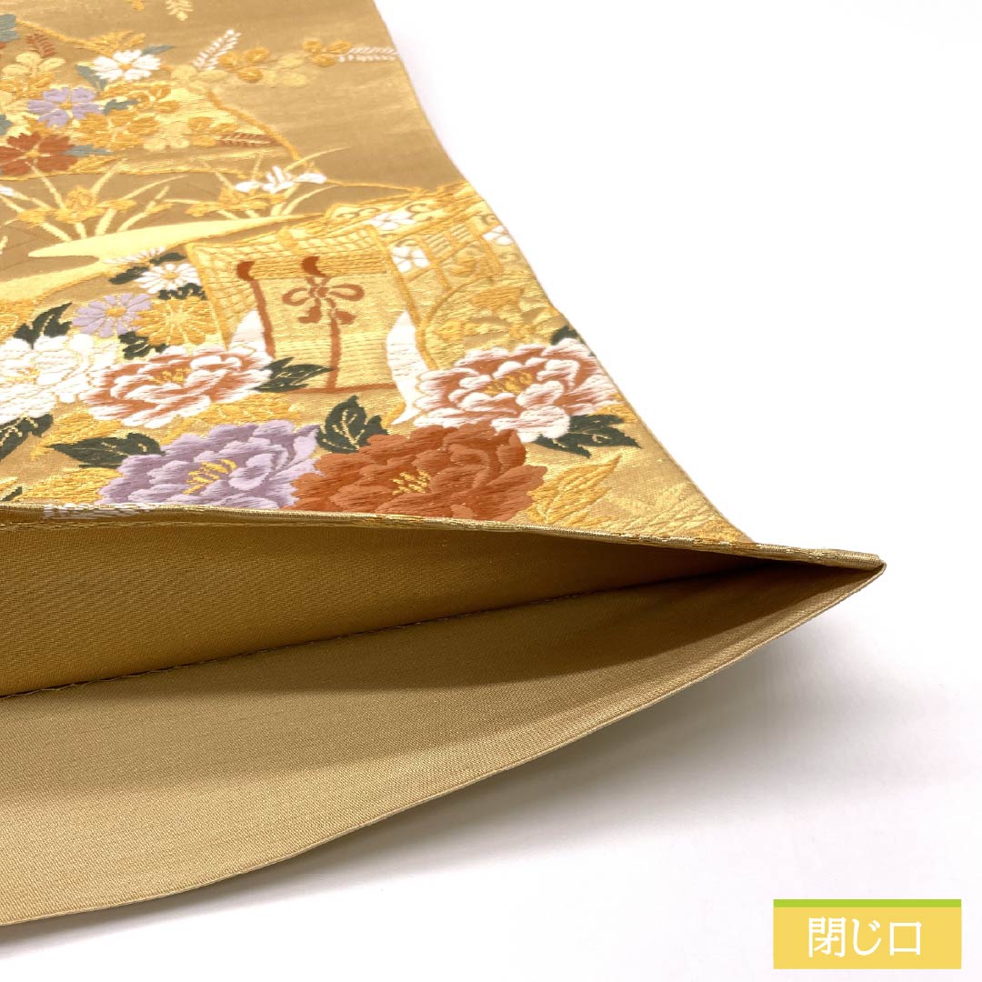 Formal, pure silk obi for formal kimono, featuring a Goshoguruma (imperial carriage) design, wisteria flowers, and peonies. Length: 416cm. S rank. Six-fold hem. Gold accents. Product number: 1123014512321.