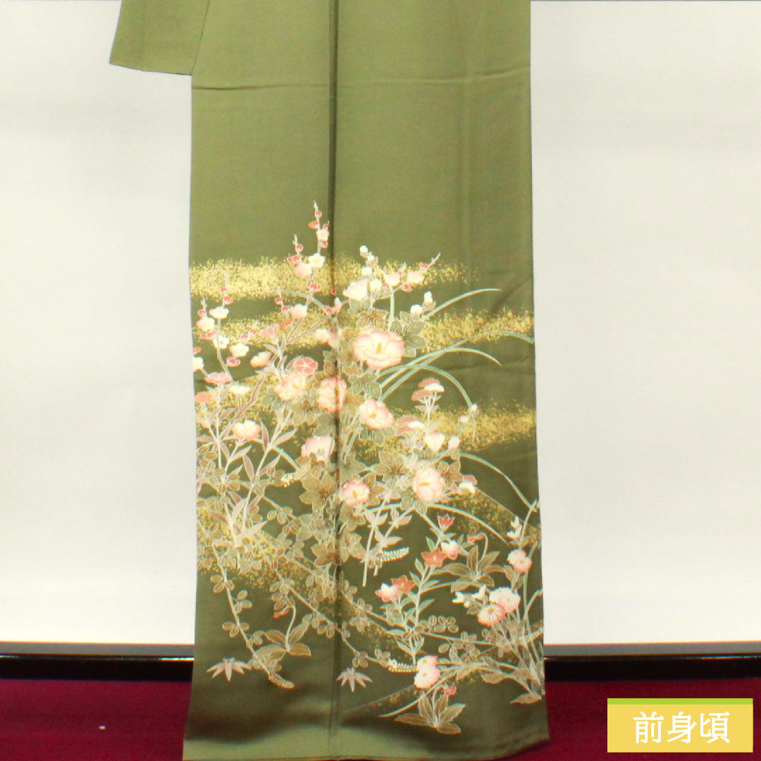 訪問着 正絹 袷 身丈164.5cm 裄丈65.5cm 山鳩色（やまばといろ） 京友禅 草花模様 Sランク 緑系 1112004722419