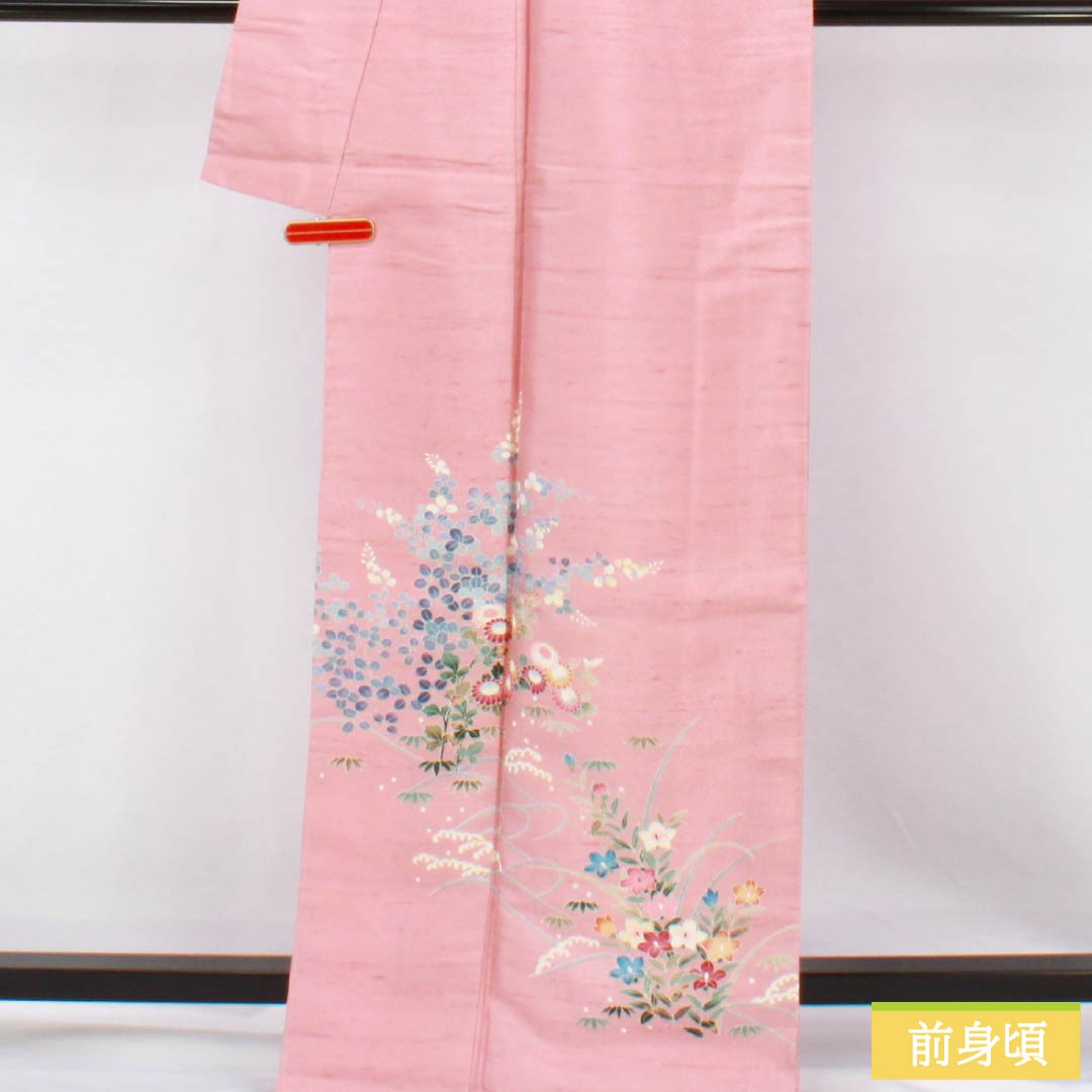Visiting Kimono, Pure Silk, Rank B, Lined, Length 167cm, Sleeve Length 66cm, Fake Peach Color (Fake Momoiro), Ushiku Tsumugi Silk, Kyoto Kaga Yuzen, Tsukesage, Artist's Work, Floral Design, Pink, Product Number: 1112007544513