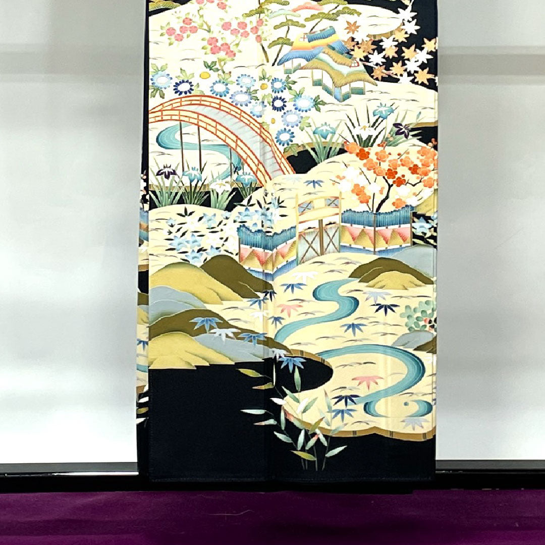 Black Tomesode, Length 154.5cm, Sleeve Length 62cm, Awase, Kyoto Yuzen, Landscape Pattern, Thread Ring and Peeking Mokko, Pure Silk, A Rank, Five Crests, Black, 1111000883210