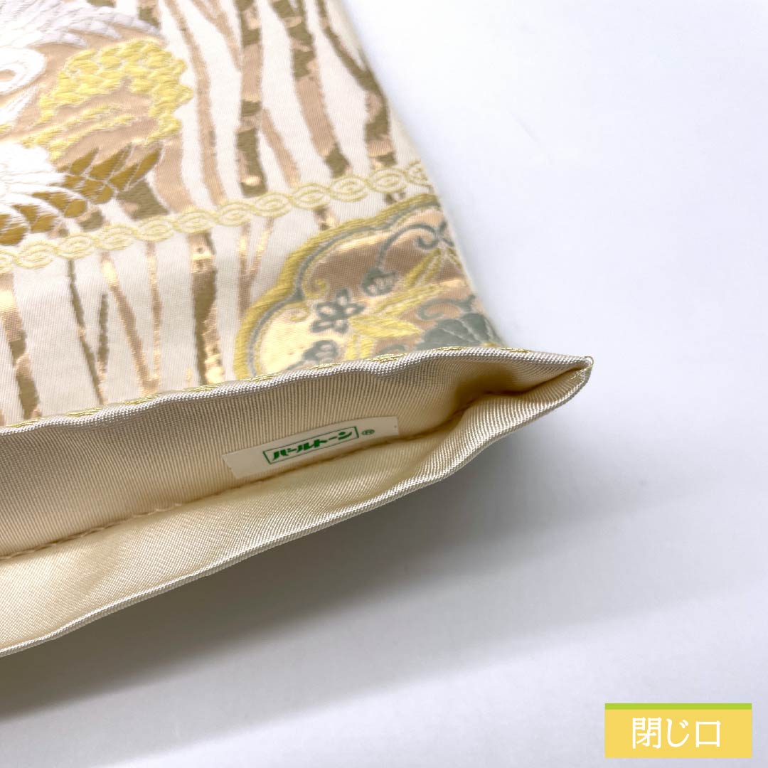 袋帯 正絹 胡粉色（ごふんいろ） 唐織 向かい鶴 吉祥文様 留袖用 帯丈454cm Sランク 六通 フォーマル クリーム系 1123013432415