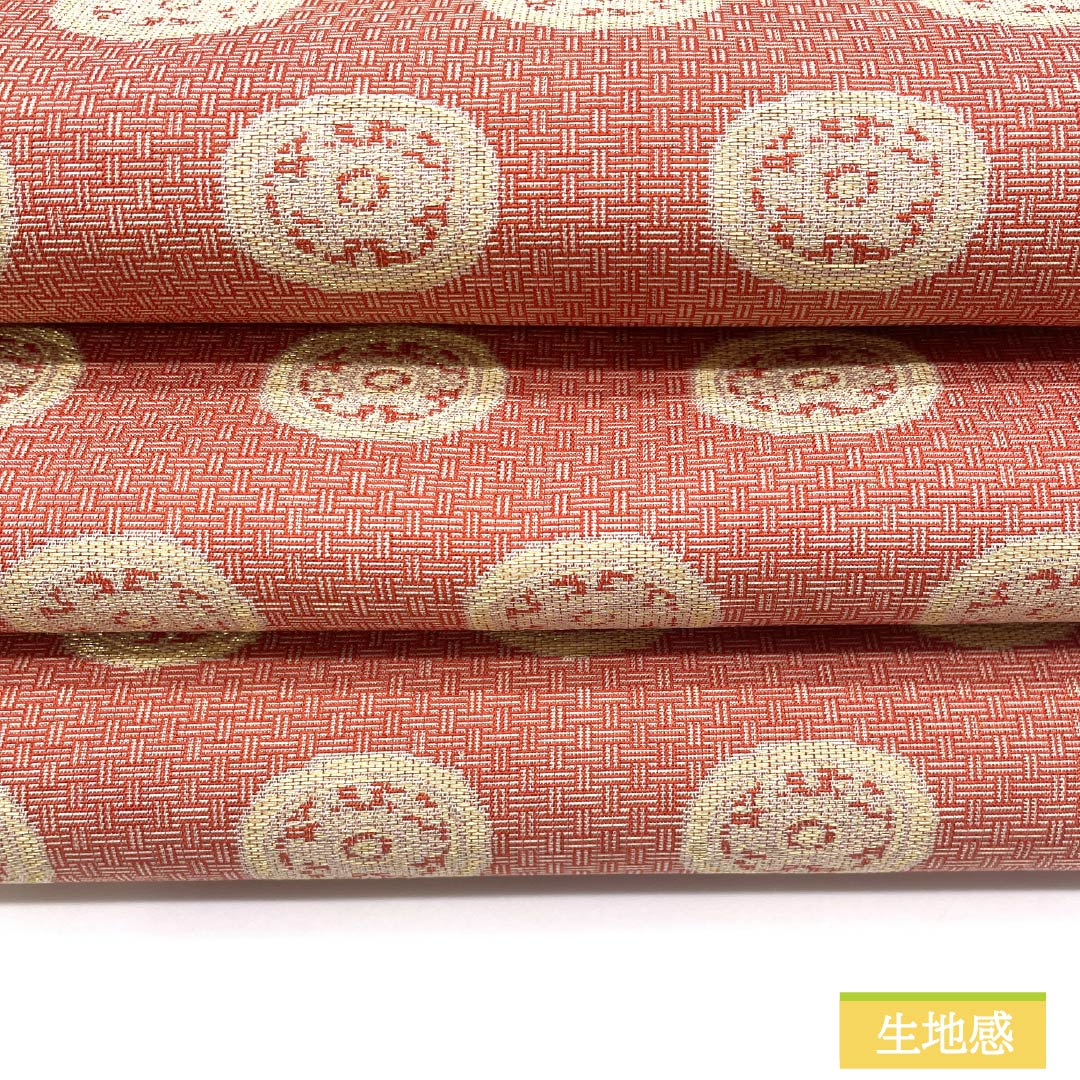 名古屋帯 紅唐色（べにとういろ） 作家物 龍村美術 糸屋輪宝手 帯丈358cm 正絹 Sランク 全通 セミフォーマル 朱系 1124008372316 開き仕立て