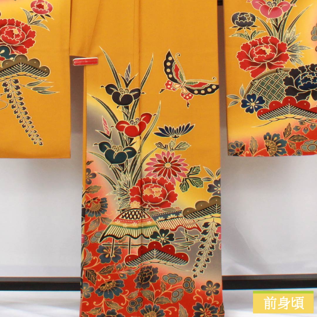 Furisode Pure Silk S Rank Length 164cm Sleeve-to-sleeve 67cm Lined Wheat-colored Kyoto Red Dye Auspicious Design Butterfly Pine Pearl Tone Processing Orange system 1113002332426