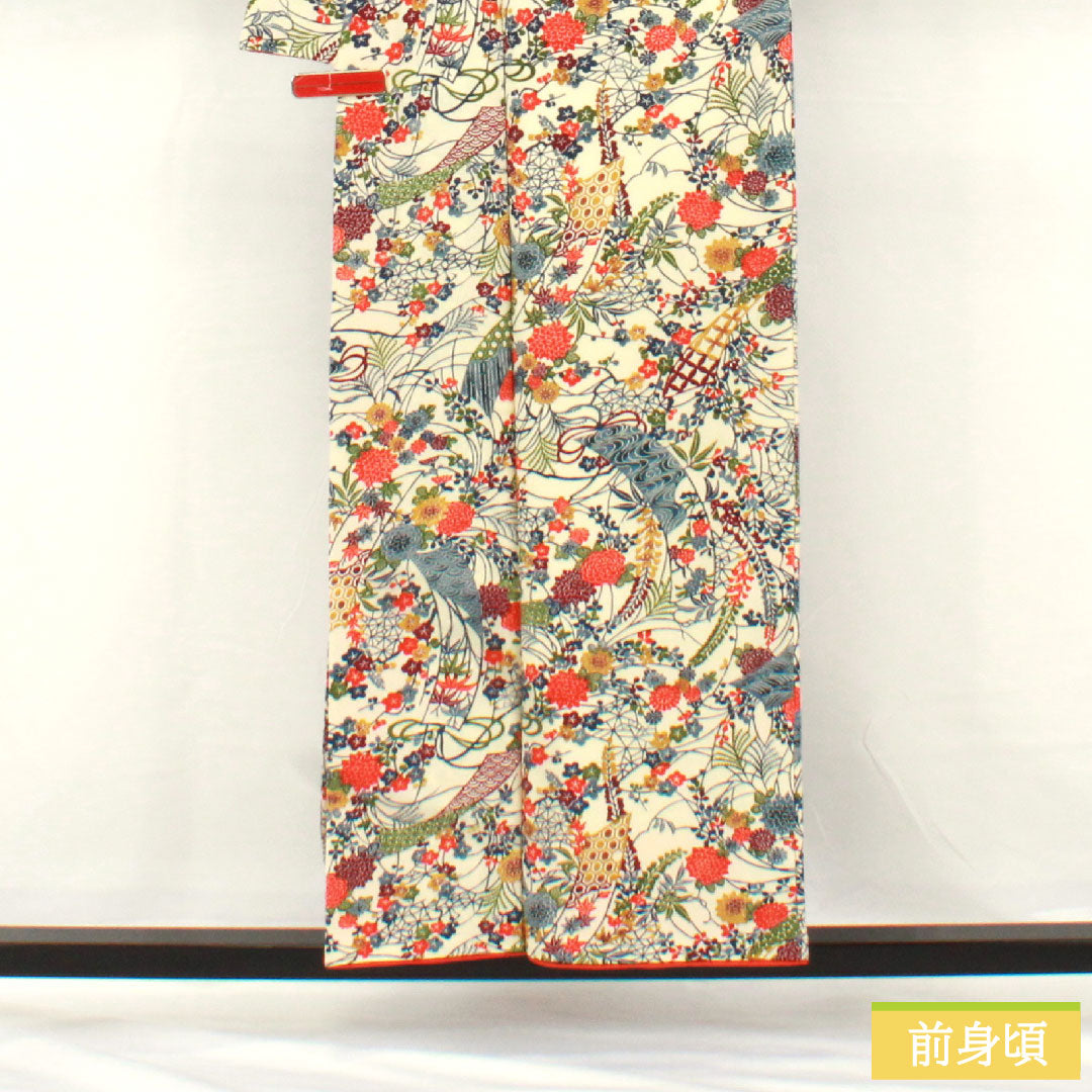 小紋 正絹 身丈154cm 裄丈63cm 袷 乳白色（にゅうはくしょく） 京紅型 吉祥文様 Bランク クリーム系 1115004844215