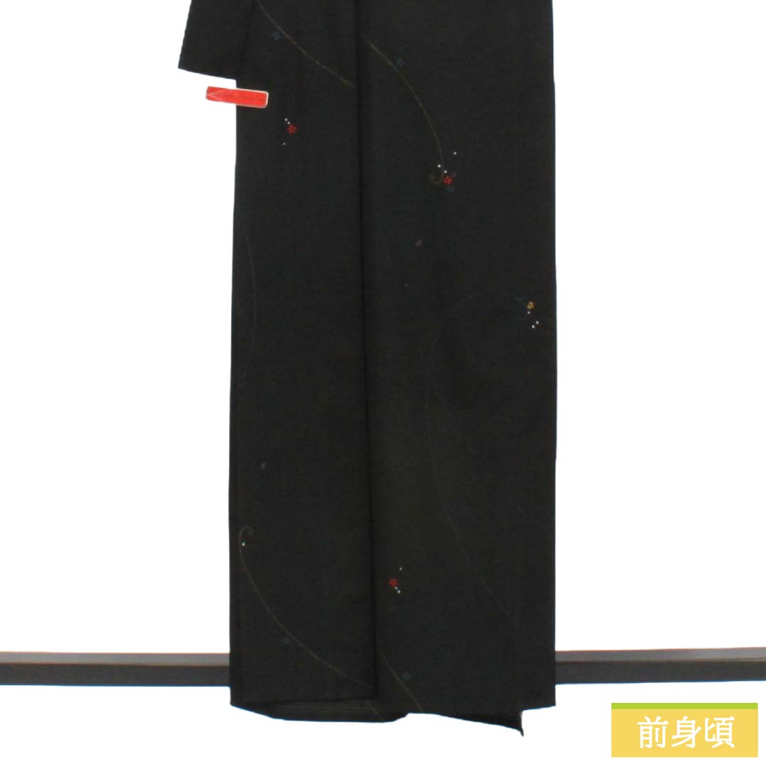 夏物 ポリエステル 小紋 Sランク 身丈159.5cm 裄丈66.5cm 抽象模様 洗える着物 絽 黒系 1132003352310