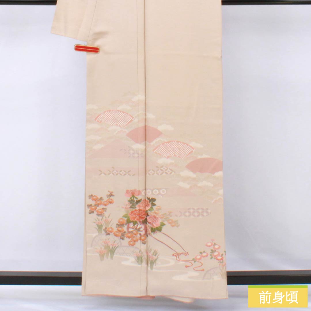 Visiting Kimono, Pure Silk, S-Rank, Lined, Length 159cm, Sleeve Length 68cm, Okina Brown (Okina-chairo), Kyoto Yuzen, Tsukesage, Suzhou Embroidery, Floating Carriage, Fan Design, Pink, Product Number: 1112006622313