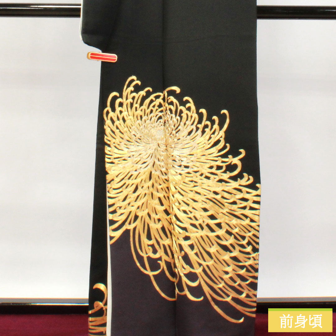 黒留袖 正絹 身丈163.5cm 裄丈66cm 袷  金駒刺繡 菊 揚羽蝶 五つ紋 Bランク 五つ紋 黒系 1111001194410