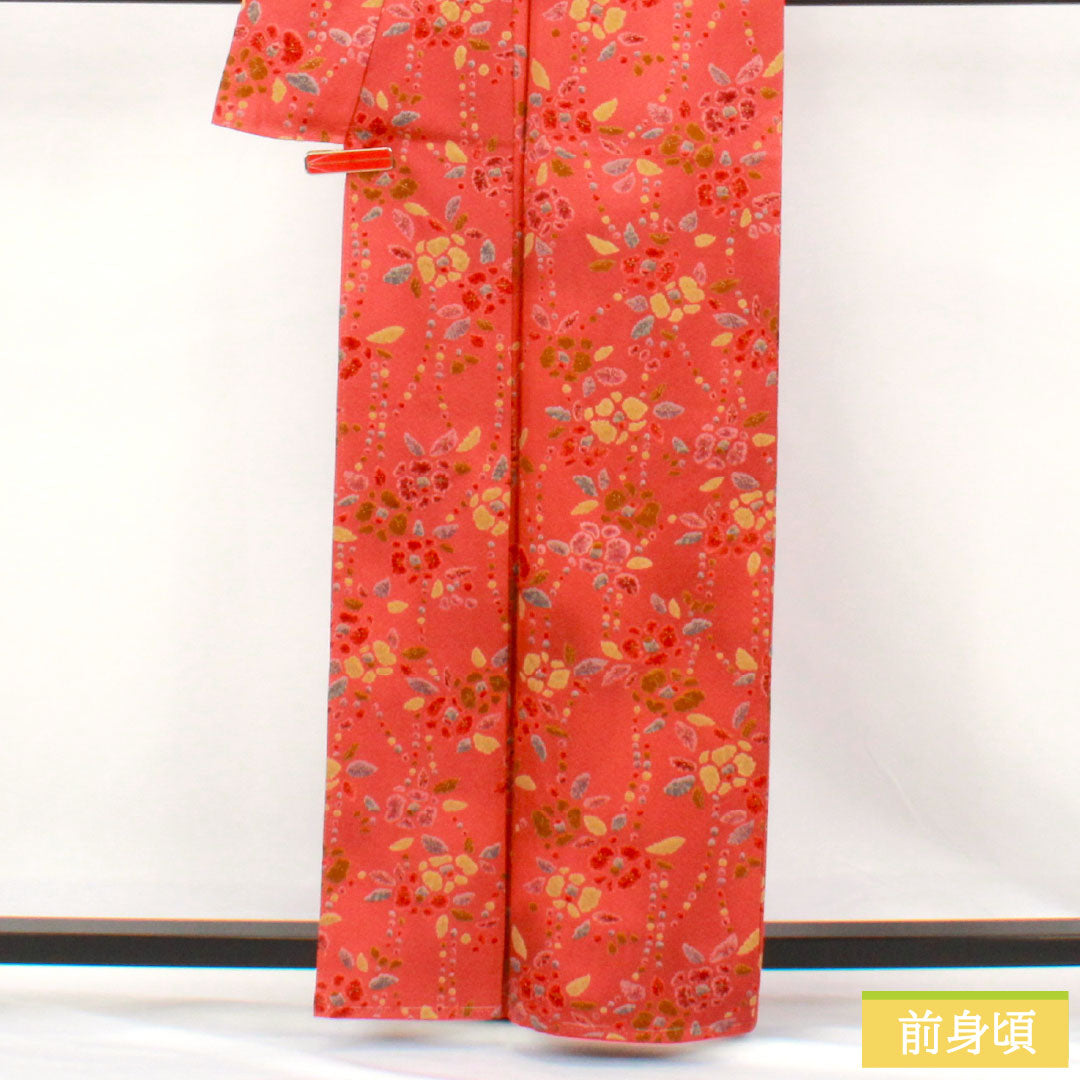 小紋 正絹 Sランク 身丈161.5cm 裄丈64cm 袷 紅絹色（もみいろ） 抽象花 部分絞り 赤系 1115007662412