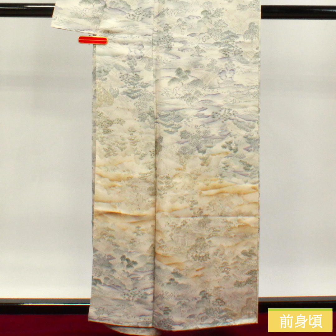 小紋 正絹 身丈159cm 裄丈65.5cm 袷  銀白色 風景模様 しつけ糸付き 未使用品  Sランク グレー系 1115003722322