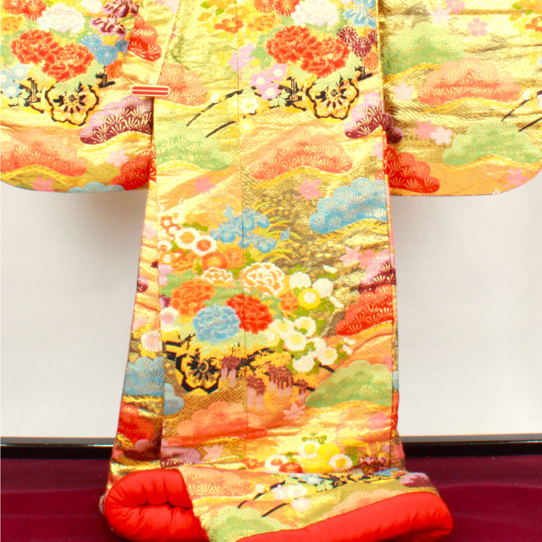 色打掛 身丈195cm  唐織 松 菊 花車 正絹 Sランク 袷 朱系 1110000412916