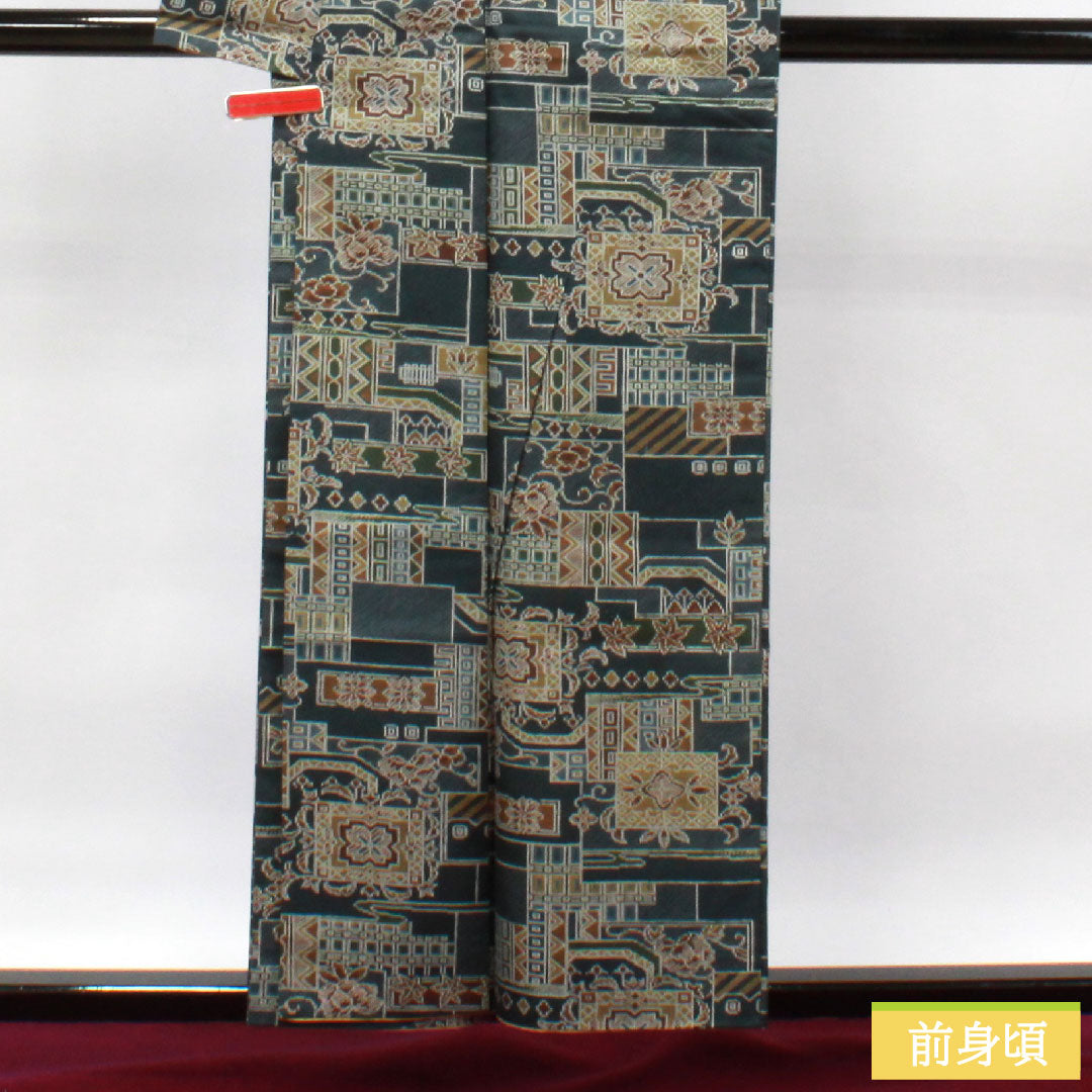 Komon, pure silk, length 156.5cm, sleeve length 65.5cm, lined, dark blue, tsumugi fabric, geometric pattern, with basting thread, S rank, blue, 1115003882317
