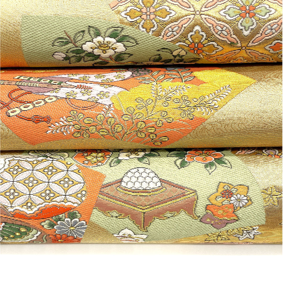 Fukuro Obi (Bag) with auspicious motif, obi length 424cm, pure silk, S rank, six-pass, formal, gold, 1123002682321