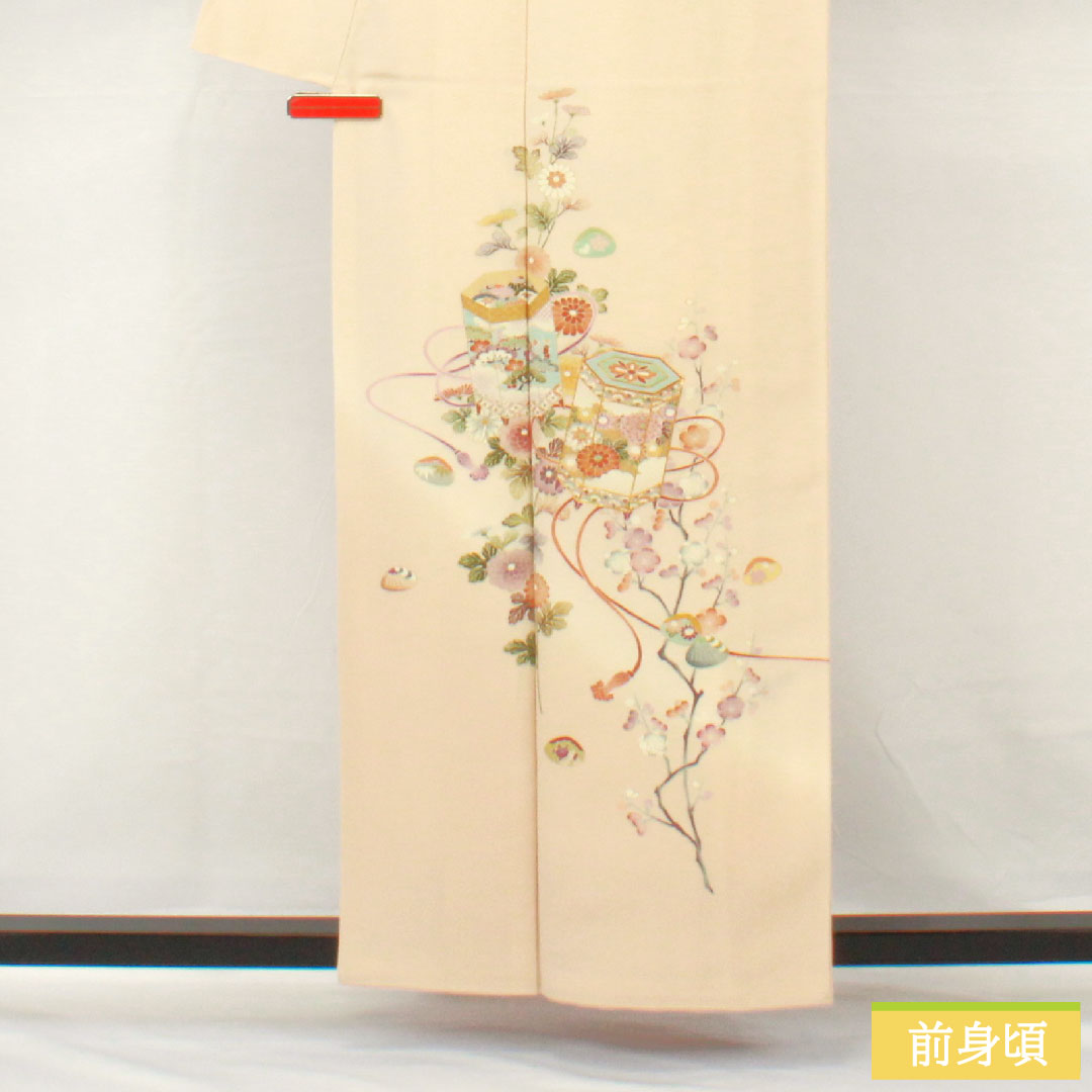 訪問着 正絹 袷 身丈158cm 裄丈64.5cm 砥粉色（とのこいろ） 京友禅 貝桶 吉祥文様 しあわせガード Aランク クリーム系 1112005803315