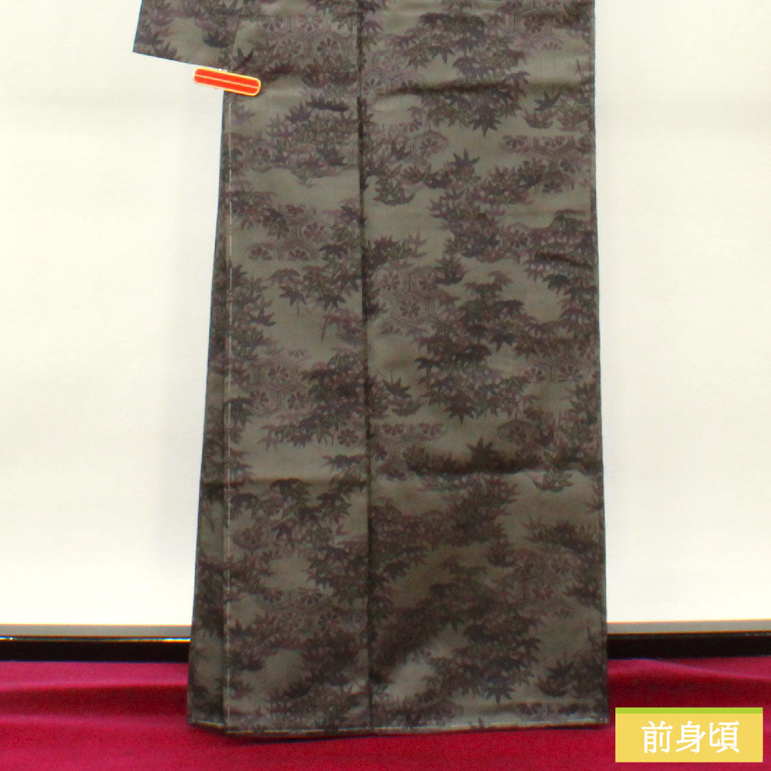 村山大島 正絹 身丈165cm 裄丈65.5cm  笹 Sランク 袷 グレー系 1116003172522