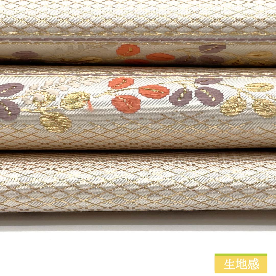 Nagoya Obi, Pure Silk, Grade B, Gofun-iro (White Powder-Colored), Chinese Flower Pattern, Horizontal Stripes, Pointed Pattern, Semi-Formal, 358cm Long, White, Item Number 1124009604311, Nagoya Style