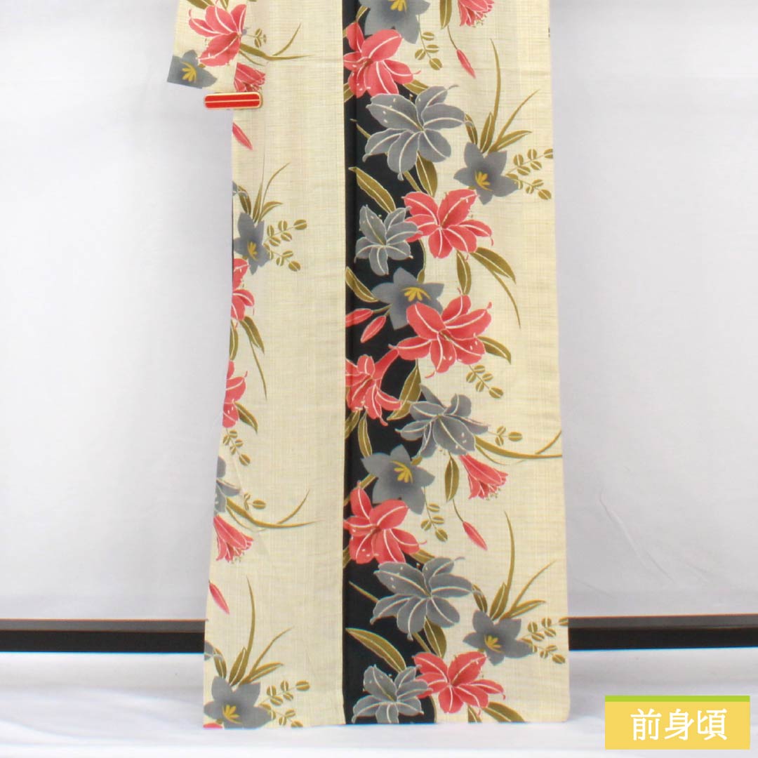 浴衣 綿麻 身丈166.5cm 裄丈69.5cm Aランク 単衣 ベージュ系 牙黄色（げおういろ） 百合 桔梗 1118005443525