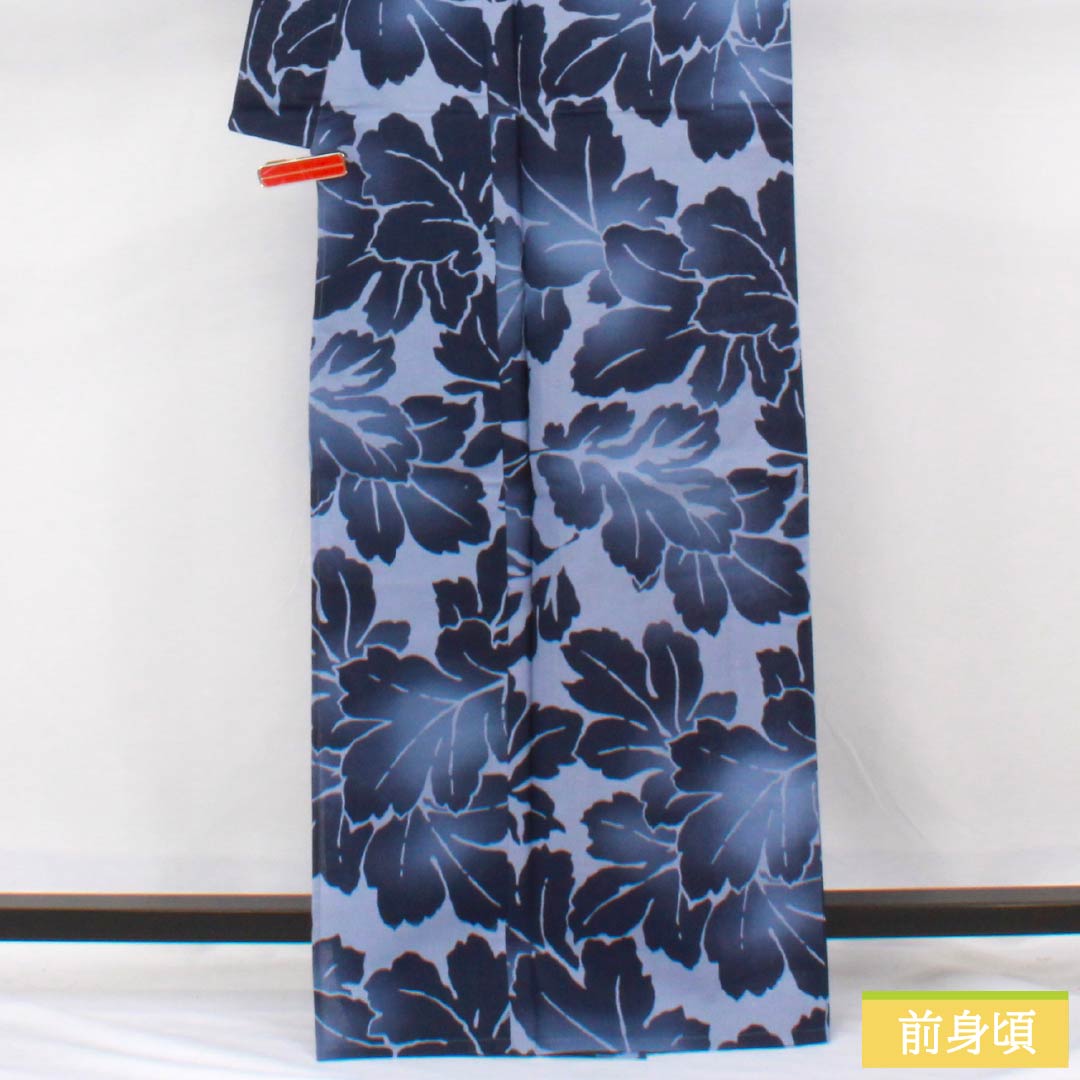 Cotton Yukata, Length 166cm, Sleeve Length 67cm, S Rank, Single Layer, Blue, Aofujiiro (Blue Wisteria) with Leaf Pattern, 1118006612517