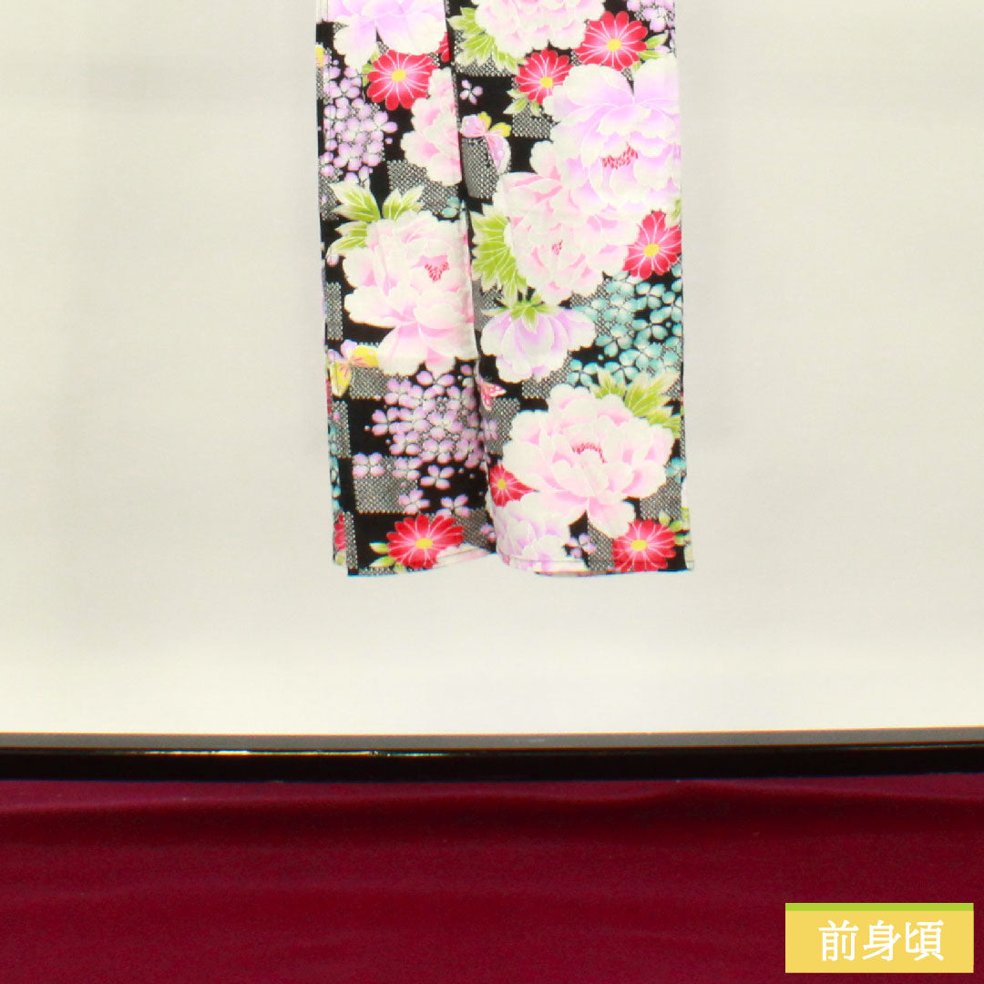 Yukata Cotton Length 138.5cm Sleeve length 61.5cm S rank Single layer Black Peony Hydrangea Butterfly Checkered 1118005122110