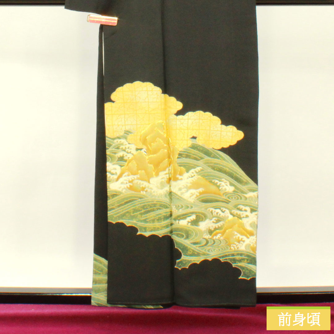 Black formal kimono, pure silk, length 156.5cm, sleeve length 61.5cm, lined, wave, hidden placket, five crests, ivy, A rank, black, 1111001373310