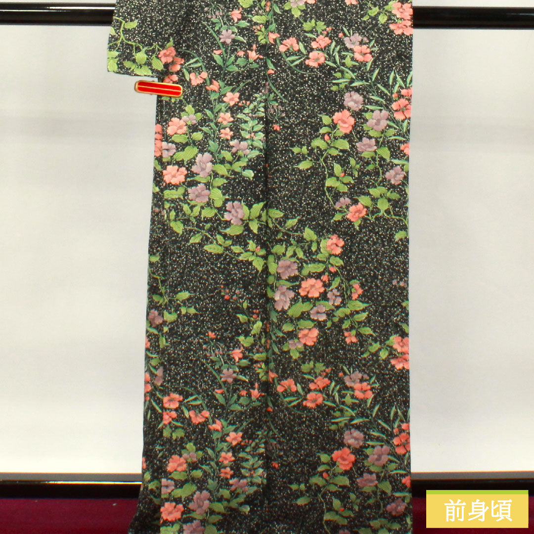 小紋 ポリエステル 身丈166cm 裄丈67cm 袷 洗える着物 草花模様 タタキ染 しつけ糸付き Sランク 黒系 1115003982510