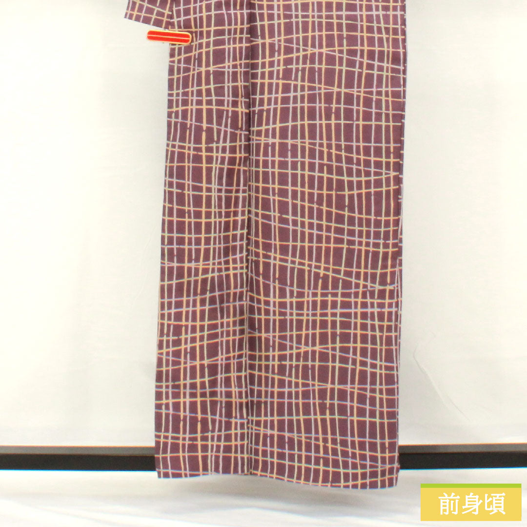 Small pattern, polyester, length 159cm, sleeve length 66cm, single layer, ancient purple, washable kimono, checkered pattern, A rank, purple, 1115004863320