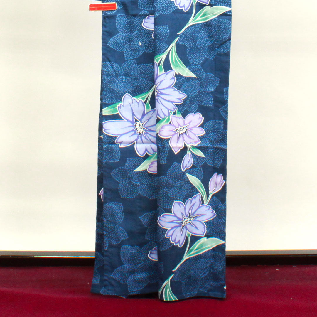 Yukata, Korean blue, azalea, cotton, S rank, single layer, length 165cm, sleeve length 66cm, navy blue, 1118003602518