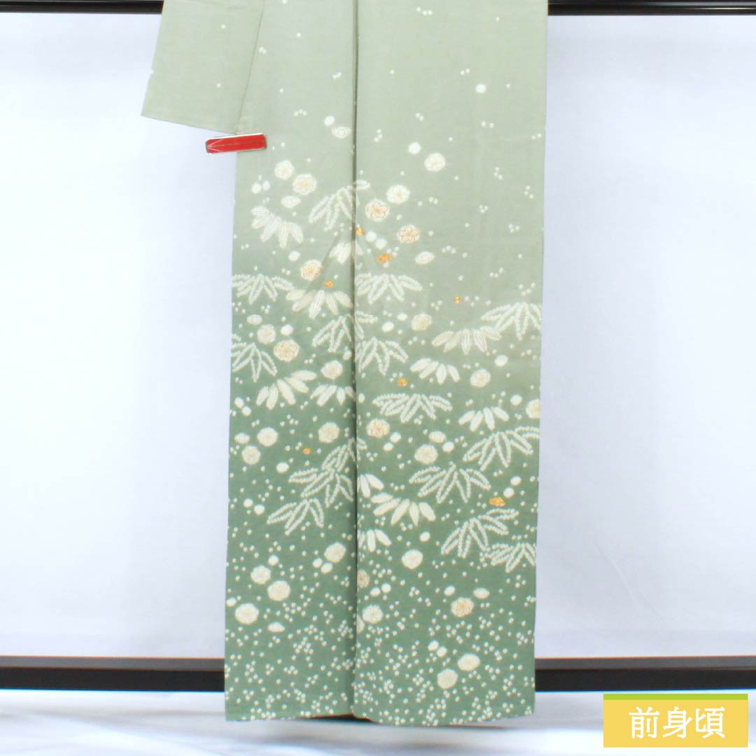 訪問着 正絹 Aランク 袷 身丈158.5cm 裄丈63cm 青磁色（せいじいろ） 一つ紋 金駒刺繍 絞り 重ね衿付き 梅 緑系 1112007333319