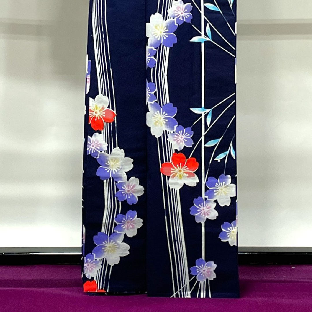 Yukata with basting thread, unused, dark blue, cherry blossom, cotton, S rank, single layer, length 165.5cm, sleeve length 64.5cm, navy blue, 1118002342518