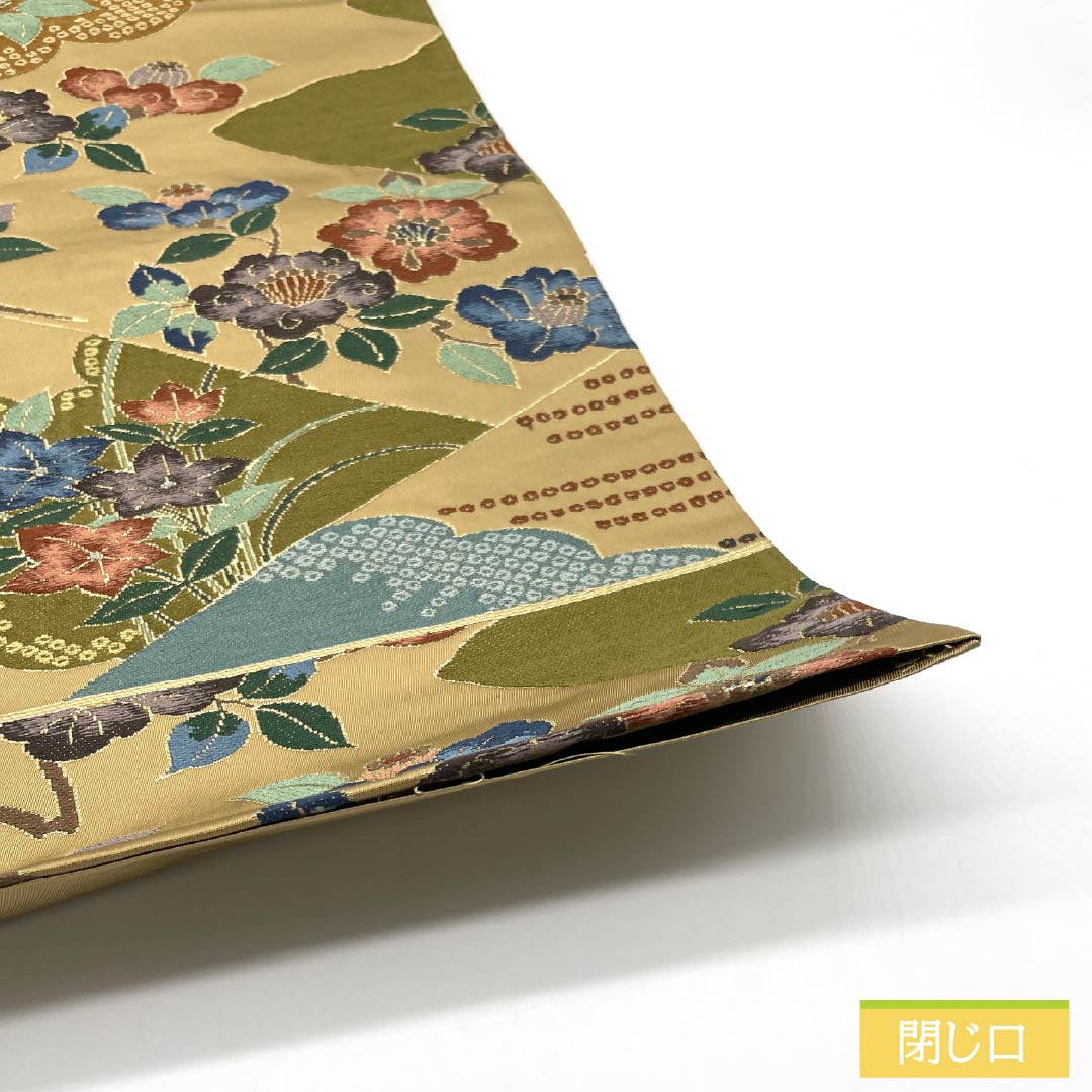 Formal beige obi, pure silk, golden yellow, by Hakuryoen Oba, featuring peony and bellflower designs, suitable for formal kimono (tomesode). Length: 434cm, S rank, six-fold hem. Product code: 1123014192325.