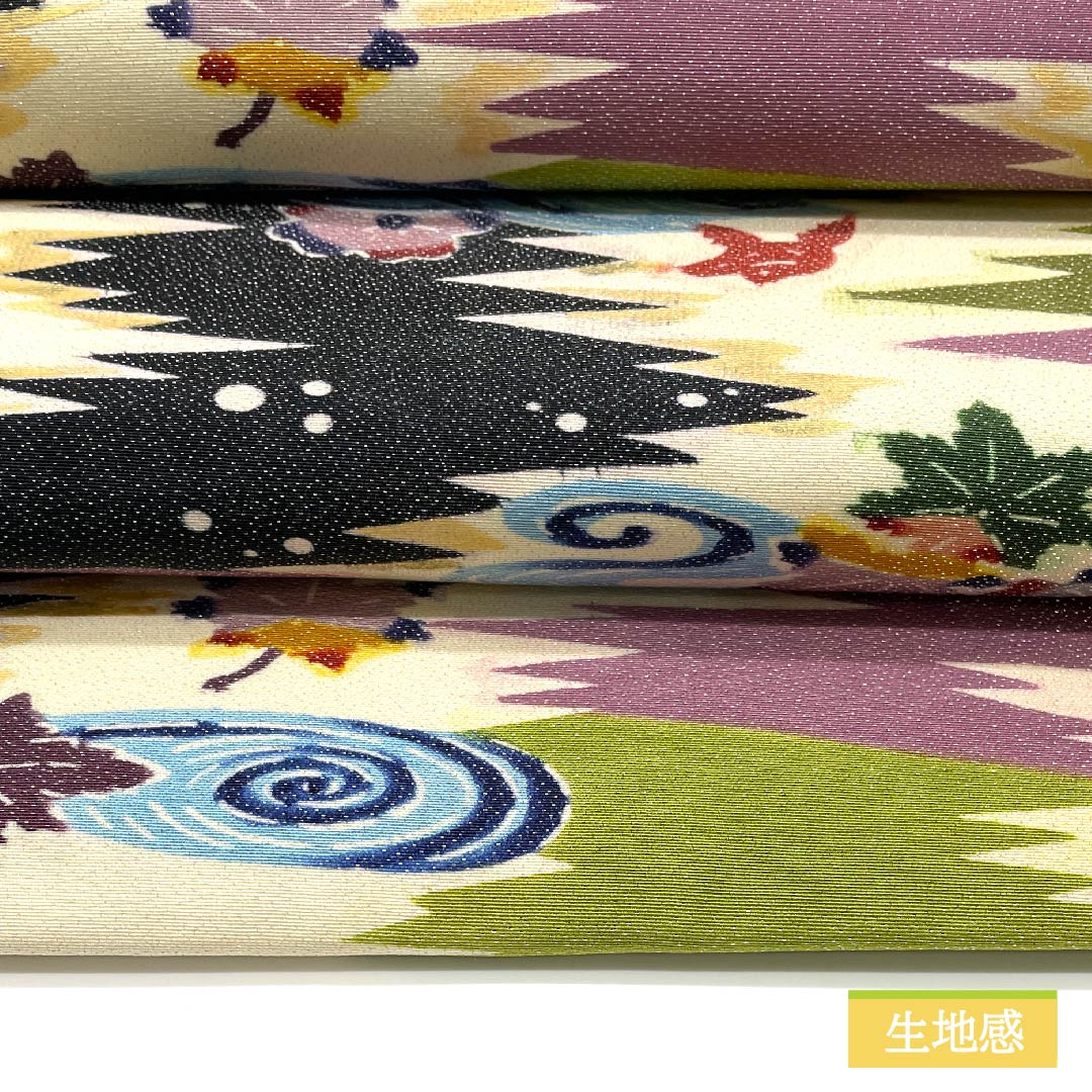 Nagoya obi, natural color, Kanze Ryusui pattern, floral pattern, obi length 340cm, pure silk, S rank, full length, casual, cream color, 1124006502315, Nagoya style