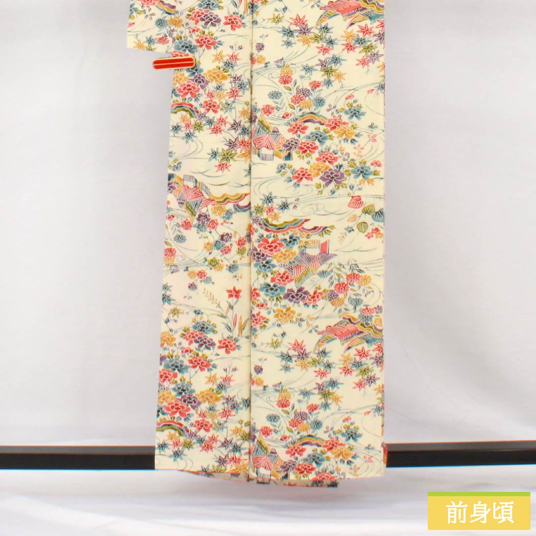 Komon, pure silk, length 158.5cm, sleeve length 64cm, lined, Neriiro (Neri-iro), stencil dyeing, Bingata style, Chayatsuji, A rank, cream color, 1115005103315
