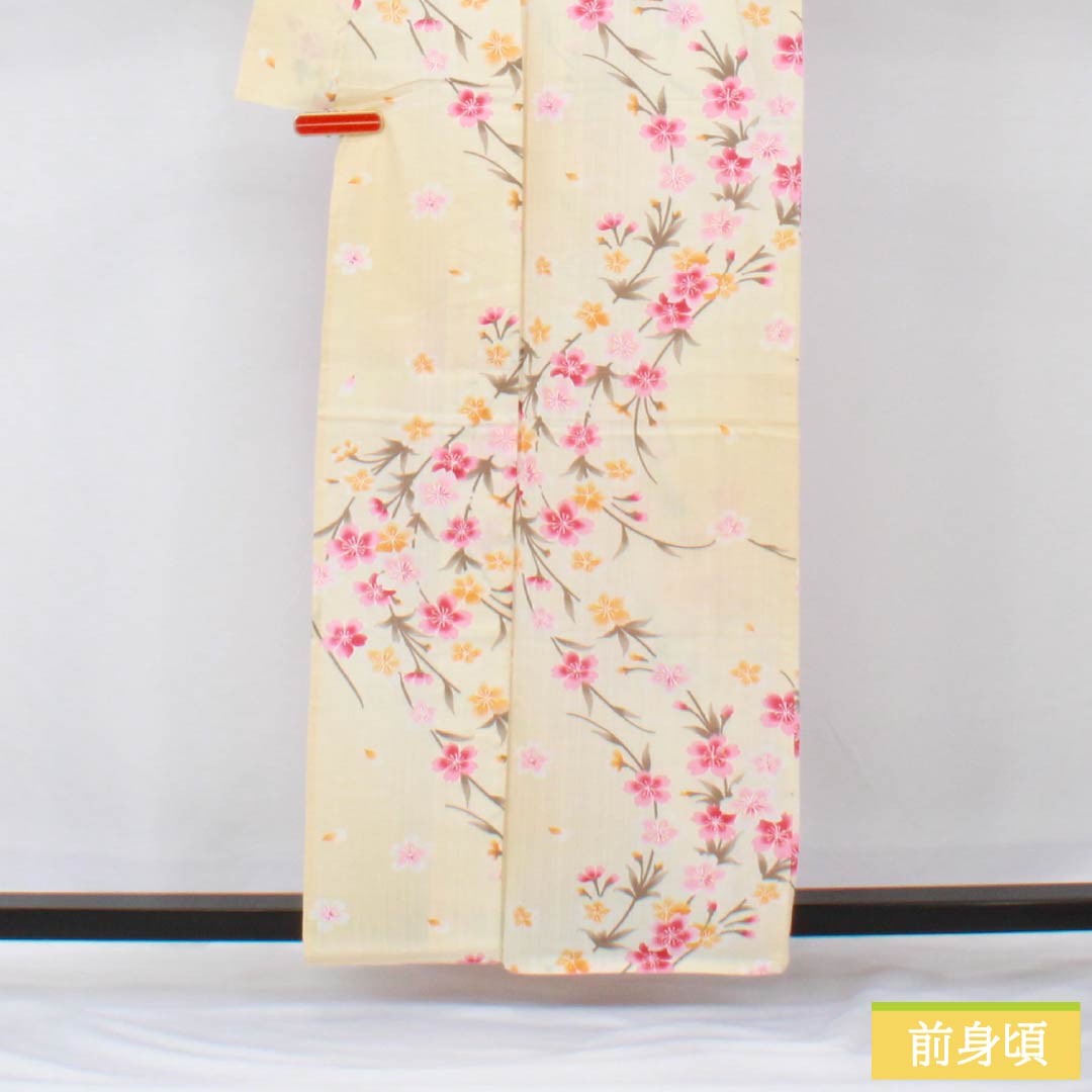 浴衣 木綿 身丈160cm 裄丈66.5cm Aランク 単衣 クリーム系 東京白茶色（とうきょうしらちゃいろ） 桜 1118006033415