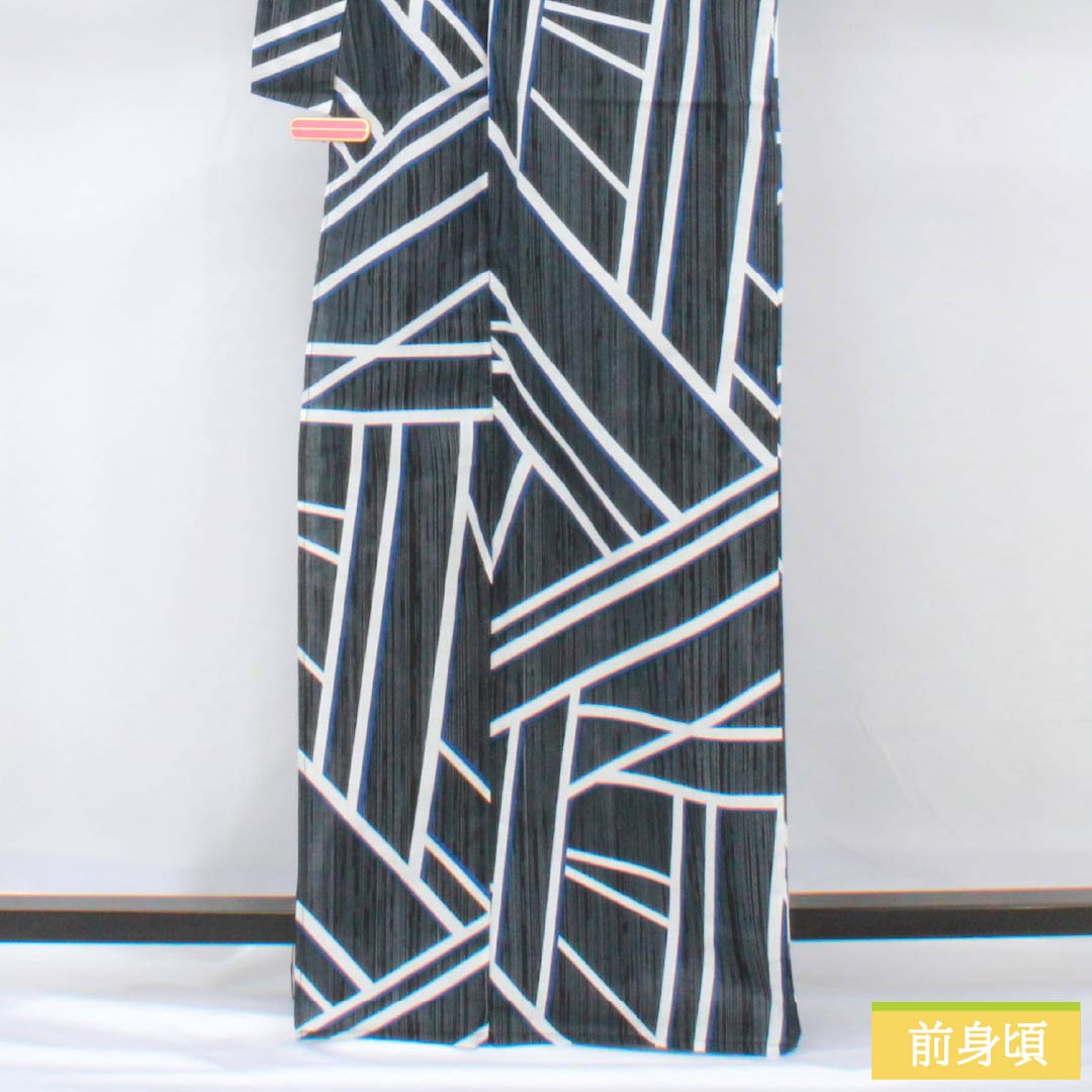 浴衣 木綿 身丈166cm 裄丈66cm Sランク 単衣 黒系 抽象柄 1118005612510