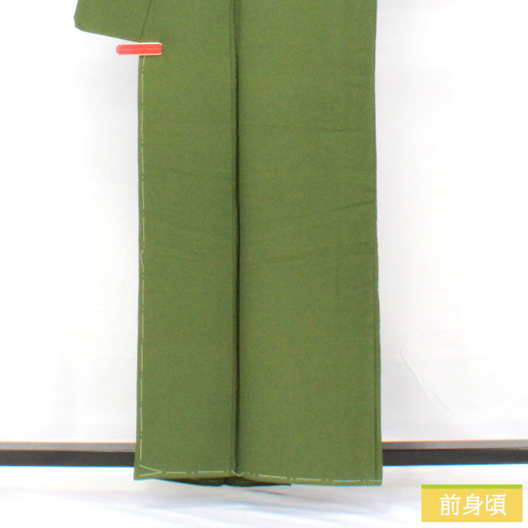 色無地 正絹 身丈157.5cm 裄丈67cm 青丹色（あおにいろ） 素無地 一つ紋 糸輪に違い鷹の羽 袷 Aランク 緑系 1114002113319