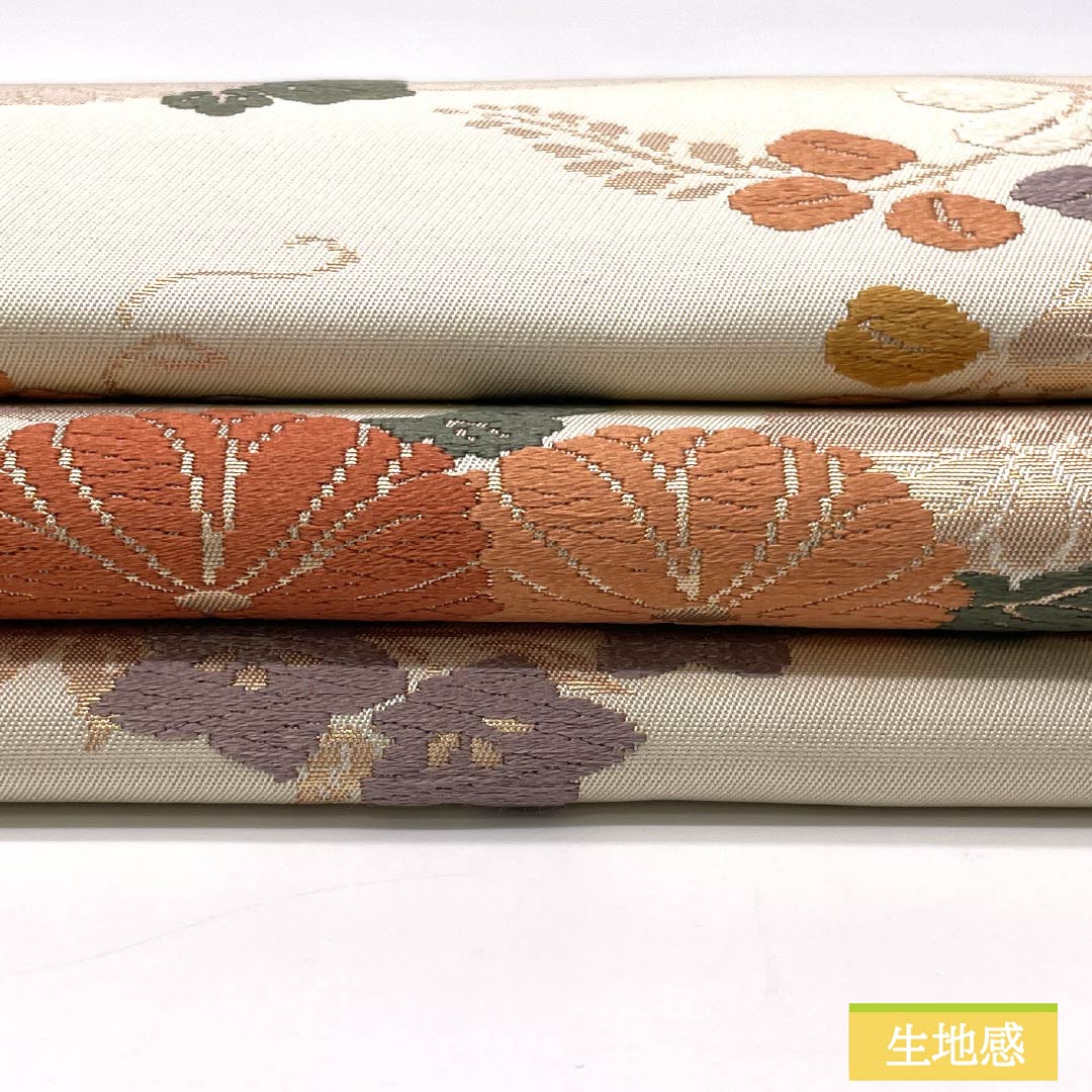 名古屋帯 生成り色（きなりいろ） 扇面 菊 椿 帯丈351cm 正絹 Bランク 六通 セミフォーマル クリーム系 1124008924315 名古屋仕立て