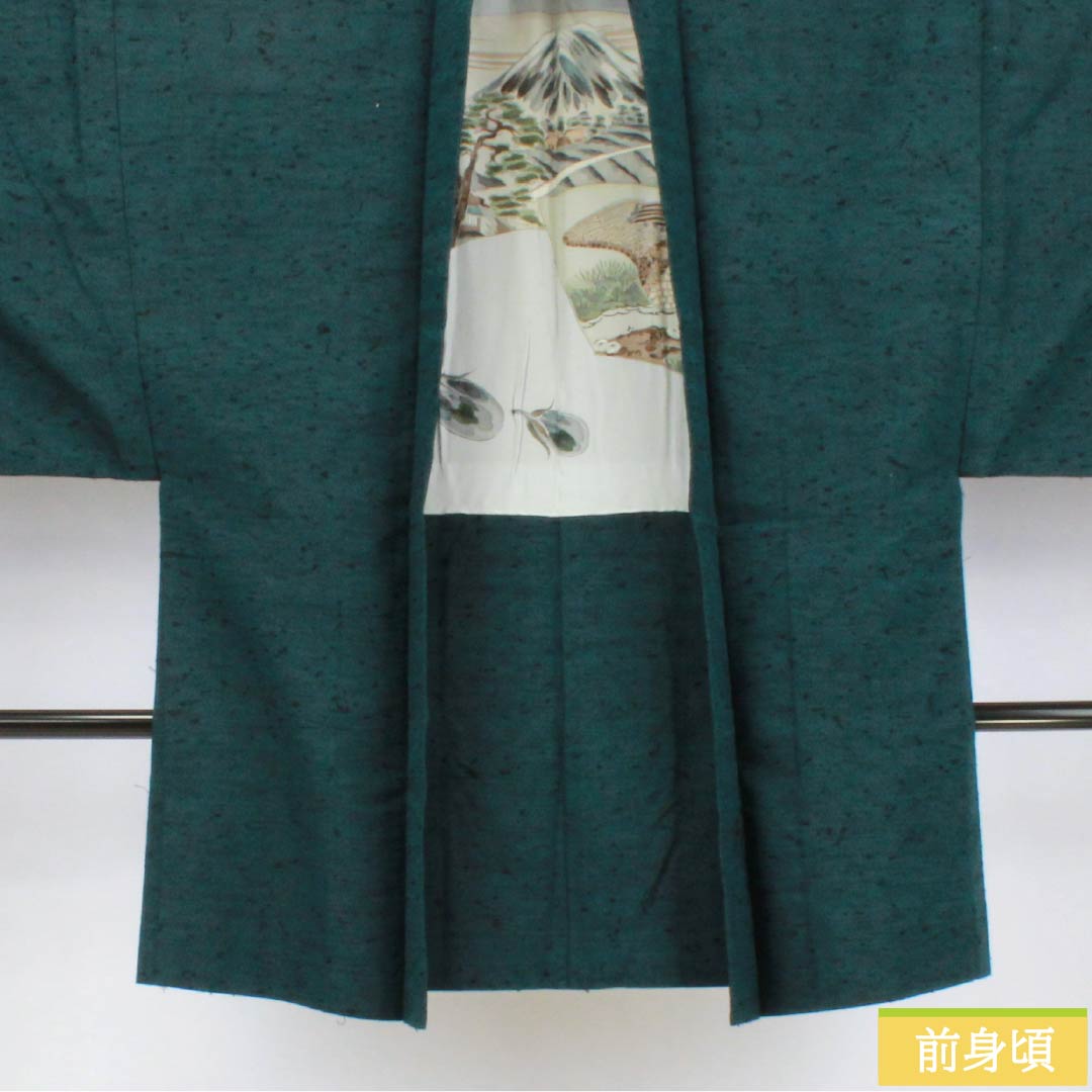 男物 正絹 Aランク 身丈91cm 裄丈70.5cm  藍鉄色（あいてついろ） ひげ紬 緑系 1119001123119
