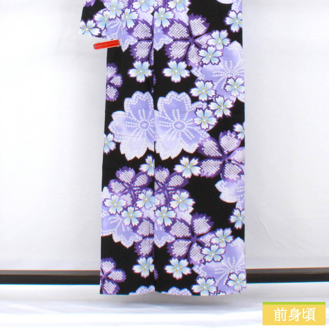 浴衣 木綿 身丈159cm 裄丈66cm Sランク 単衣 黒系 秋桜 1118005232310