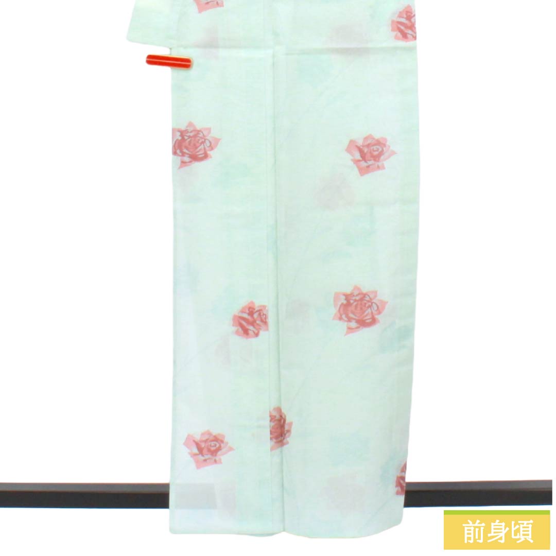 夏物 ポリエステル お召 Aランク 身丈159.5cm 裄丈64.5cm 青白磁色（せいはくじいろ） すくい織 薔薇 洗える着物 紗 水色系 1132004963324