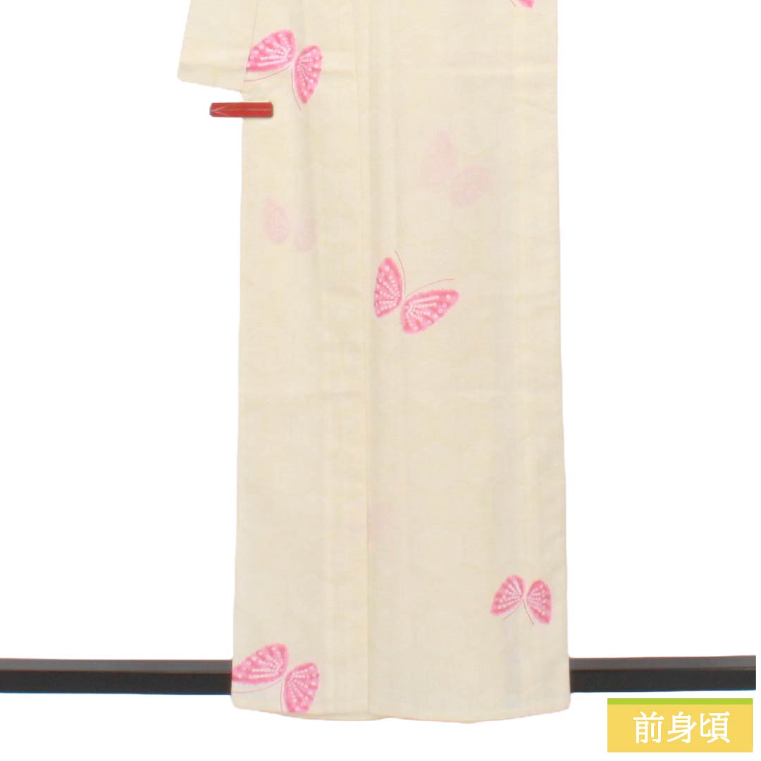 夏物 ポリエステル 小紋 Aランク 身丈158.5cm 裄丈66cm 乳白色（にゅうはくしょく） 蝶 亀甲 絽 クリーム系 1132004543315